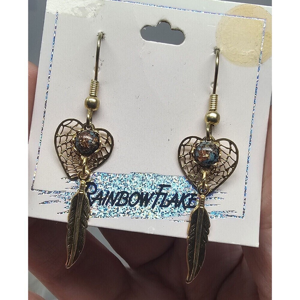 Vtg Dreamcatcher Heart 14k Gold Plated W Turquoise Rainbow Flake Dangle Earrings - Picture 3 of 8